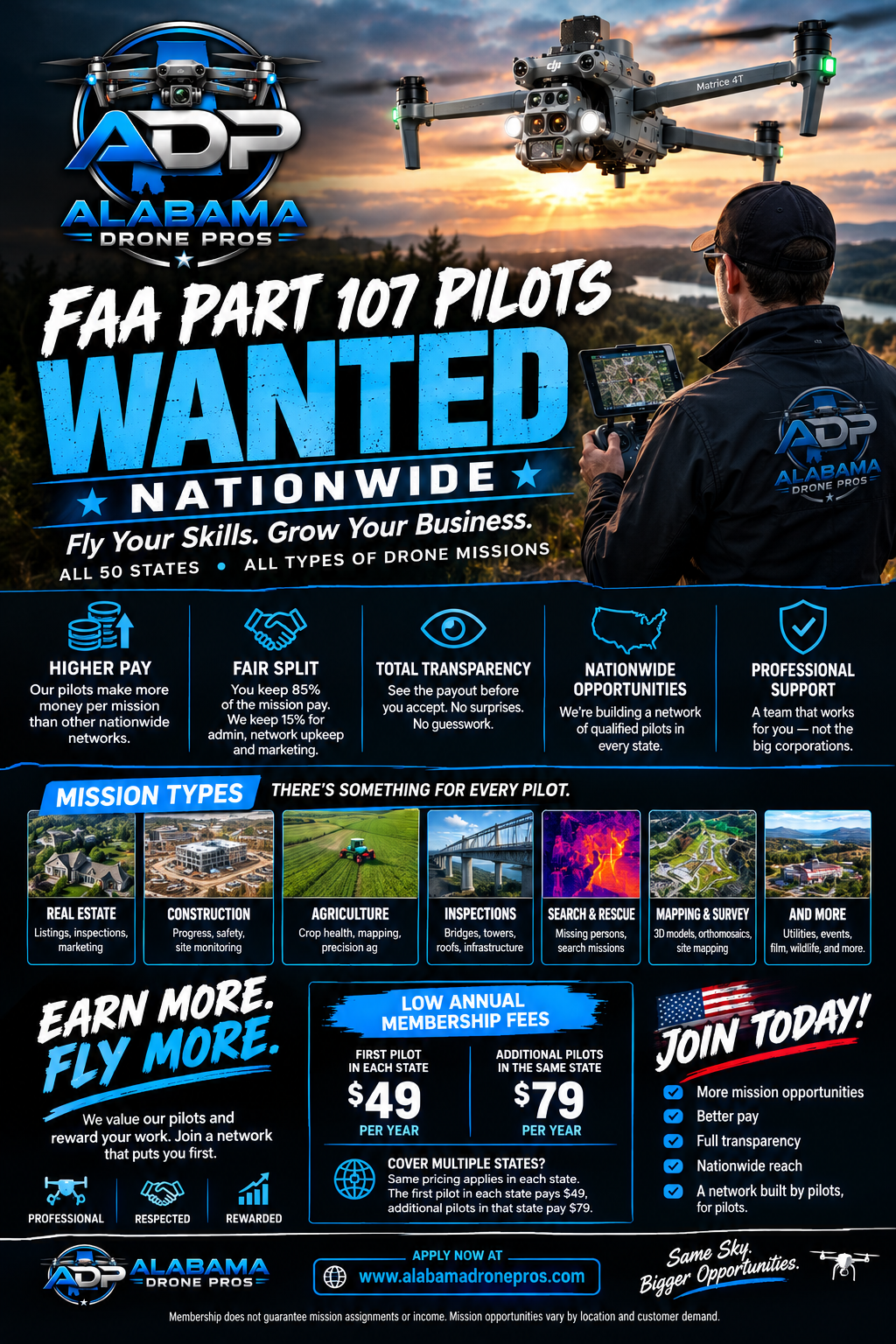 Alabama Drone Pros — FAA Part 107 Pilots Wanted Nationwide. Recruitment poster showing mission types, 85/15 pay split, and $49/$79 annual membership pricing.